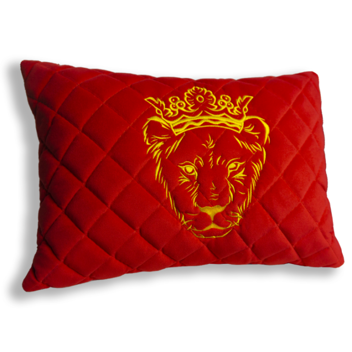 Подушки из алькантары Подушка из алькантары с вышивкой Львица (Красная)